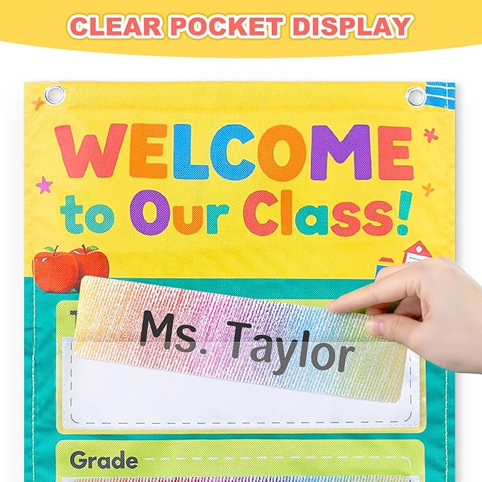 Welcome to Our Classroom Sign, Classroom Door Signs, Teacher Door Sign, Classroom Door Hangers, Transparent Pockets with 6 Cards, Gift for Teacher, Back to School Decoration, 21.5" x 11"