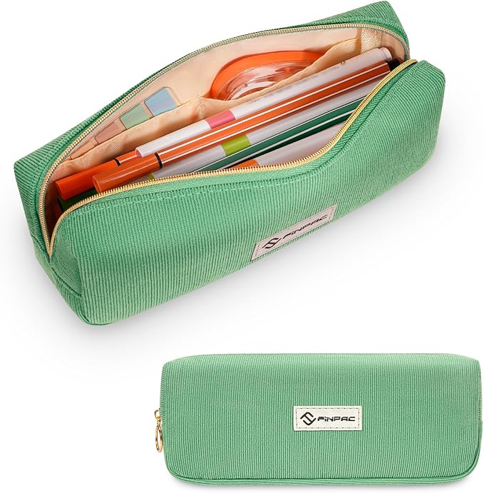FINPAC Pencil Case, Corduroy Aesthetic Makeup Bag, Cute Kawaii Pen Bag Pouch Holder Box Organize for Study, Office, or Travel (Grass Green)