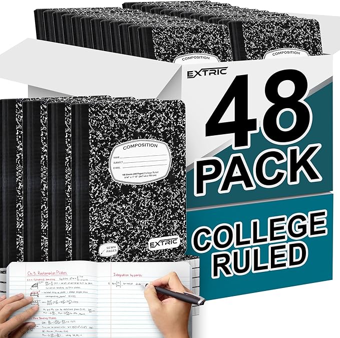 EXTRIC Composition Notebook College Ruled – 48 Pack bulk College Ruled Notebooks for School, 200 Pages (100 Sheets) No Bleed Composition Book Black Marble 9.75 x 7.5 in