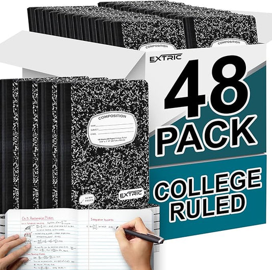 EXTRIC Composition Notebook College Ruled – 48 Pack bulk College Ruled Notebooks for School, 200 Pages (100 Sheets) No Bleed Composition Book Black Marble 9.75 x 7.5 in
