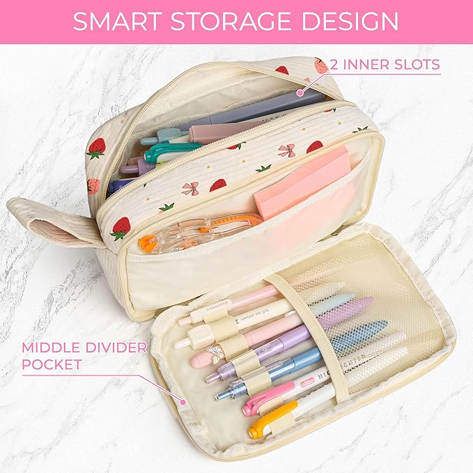 WOBAGMEN Cute Pencil Case,Large Corduroy Zippered Pencil Case Pouch, aesthetic Pencil Bag with Compartments, Pencil Pouch School Supplies (HY-corduroy pc-strawberry)
