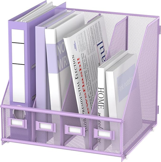 SUPEASY Magazine File Holder Desk Organizer, Metal Binder Holder with 4 Vertical Compartments for Office Home School, Purple