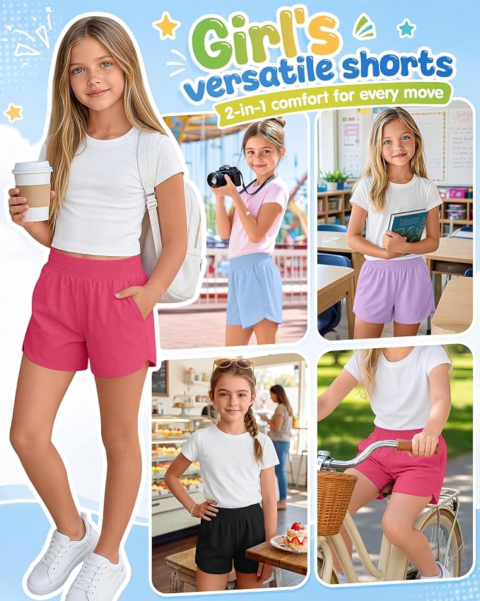 4 Pack Girls Athletic Shorts 2 in 1 Quick Dry High Waist Tween Shorts with Liner Kids Back to School Running Shorts