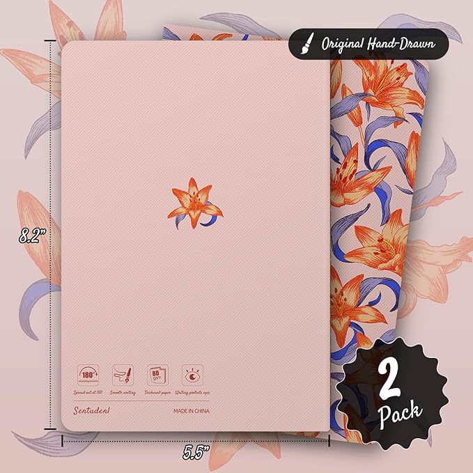 Stitched Composition Notebooks 2-Pack with Unique Art Designed Cover, A5 Lined Diary (8.2"L*5.5"W), Lay Flat Design, Thicked Paper Writes Smoothly for School and Office (Lily)