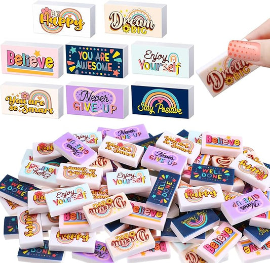 Dunzoom 100 Pcs End of Year Inspirational Pencil Erasers Bulk for Kids Back to School Fun Motivational Eraser School Office Supplies for Students Classroom Office Teacher Artists(Boho)