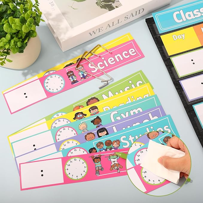 JarThenaAMCS Daily Schedule Pocket Chart 13 x 35.5 Inch 13 + 1 Pockets Visual Schedule Chart Board with 24 Cards for VBS Decoration Sunday School Classroom Home Office Supplies