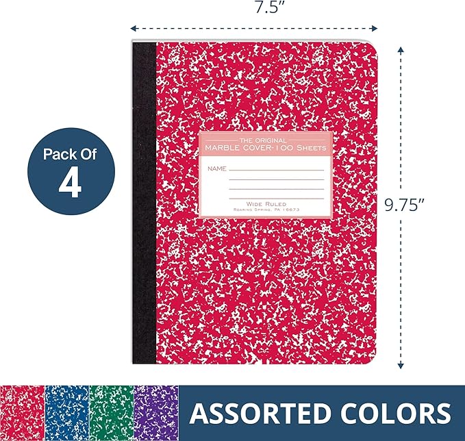 Roaring Spring Hard Cover Composition Notebook, 4 Pack, Assorted Colors Marble Comp Book, 9.75″ x 7.5″, Wide-Ruled with Margin, 100 Sheets (200 Pages)