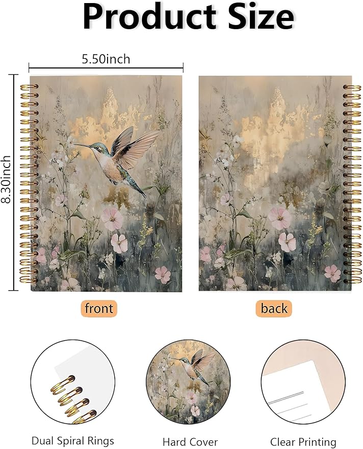 Vintage Hummingbird Bird Birding Spiral Notebook, Cottagecore Floral Bird Journal, Hummingbird Gifts for Women Journal, Birds Lover Gifts Notebook 5.5x8.3 Inch-390