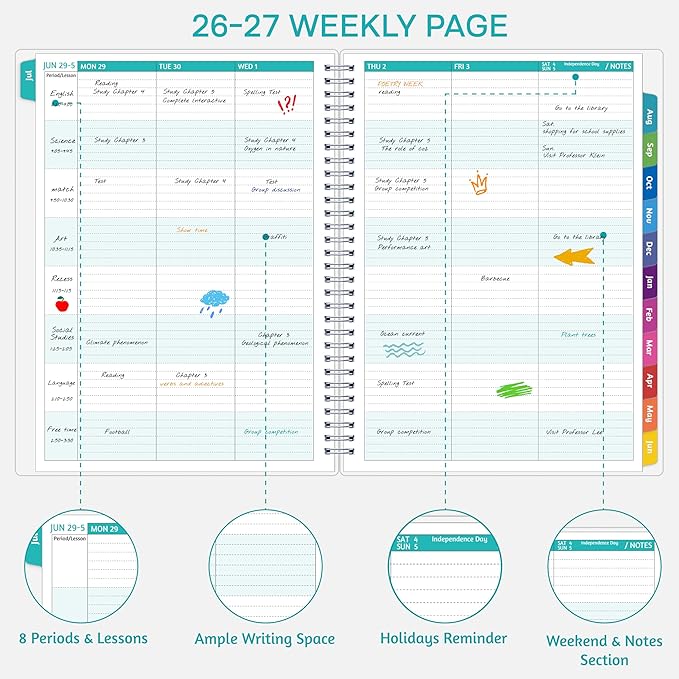 GoiUnlt Teacher Planner 2026-2027, JUL. 2026 – JUN. 2027, Lesson Planner 2026-2027 Academic Year, with Tabs, Thick Paper, 2-Sided Pocket, 8.6″ x 11″ Daily Weekly and Monthly Calendar with 8 Periods