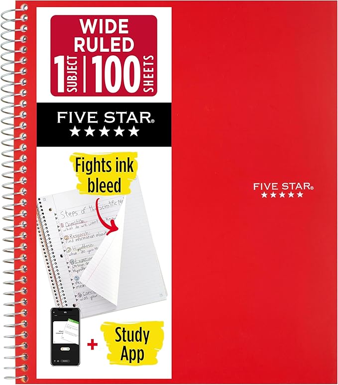 Five Star Spiral Notebook + Study App, 1 Subject, Wide Ruled Paper, 8" x 10-1/2", 100 Sheets, Fights Ink Bleed, Water Resistant Cover, Fire Red (72017)