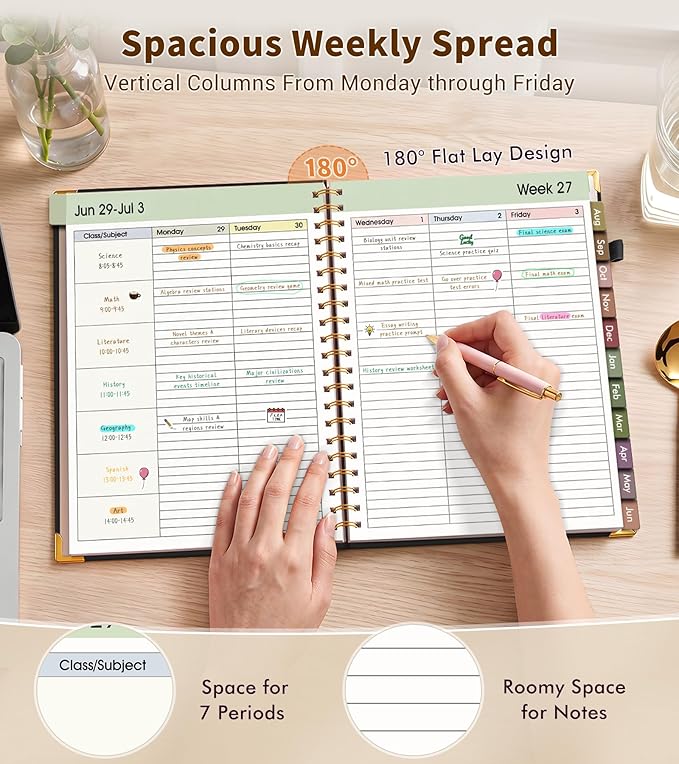 Teacher Planner 2026-2027, July 2026 - June 2027, Academic Weekly & Monthly Calendar Planner with Tabs, 8.5" x 11" A4 Teacher Lesson Plan Book with 7 Periods, Daily Agenda School Organizer for Teacher Student Homeschool, Black Background Pattern