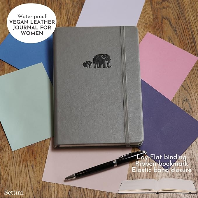 SETTINI Dotted Journal, Ideal for Bullet Journaling - A5 Vegan Leather Notebook, 192 Archival-Quality Pages, QuillEase Bleed-Free Paper, Inner Pocket & Bookmark - Elephant Gifts, Grey Elephants