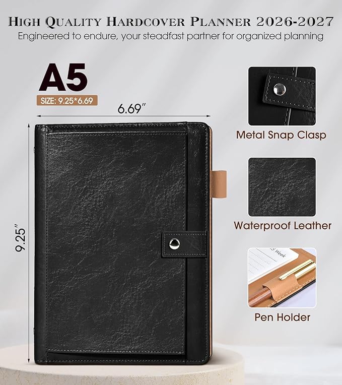 Planner 2026-2027, Academic Weekly and Monthly Calendar Planner from July 2026 - June 2027, Hardcover Leather Daily Agenda Book with Tabs, A5 College School Organizer for Student Teacher, Black