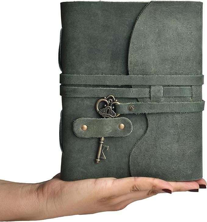 Leather Journal - Vintage Leather bound Journal For Women Men – Handmade Vintage Deckle Edge Paper – Vintage Key Closure - Book of Shadows -Leather Sketchbook - 10 inches X 7 inches