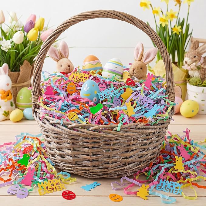 woric Easter Grass Basket Filler, 10.6oz(300g) 6 colors Crinkle Cut Paper Shred Filler with Colorful Easter Confetti for Gift Baskets Egg Hunt Gift Wrapping DIY Crafts Decoration
