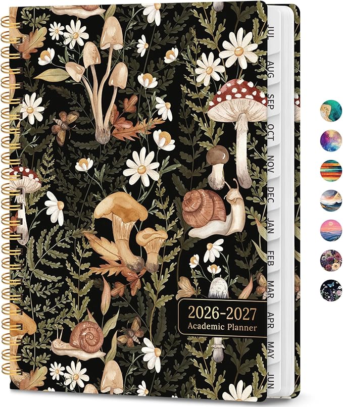 Academic Planner 2026-2027, Weekly and Monthly Calendar Book, July 2026 – June 2027, Hardcover Planner with Tabs, Perfect for Teachers, Students, Women & Men, A5 (6.4" x 8.5") - Mushroom