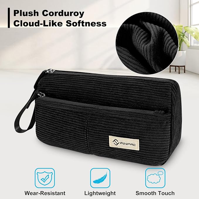 FINPAC Pencil Case, Corduroy Triangle Makeup Bag Kawaii Pen Bag Pouch | Pencil Holder Box Organize for Study, Office, or Travel, Black