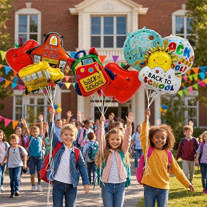 8PCS Back to School Balloons Set, School Bus, Apple, Backpack, School, Sun Foil Balloons, 18 Inch Round Back to School Balloons for Classroom Decorations, First Day of School Party Supplies