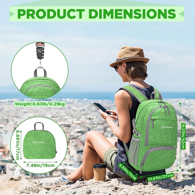 ZOMAKE Lightweight Packable Backpack, 25L Small Foldable Daypack for Hiking | Water Resistant Collapsible Backpacks for Women Men, Everyday Carry, Multi Compartment Storage, Adjustable Strap(Dark Green)