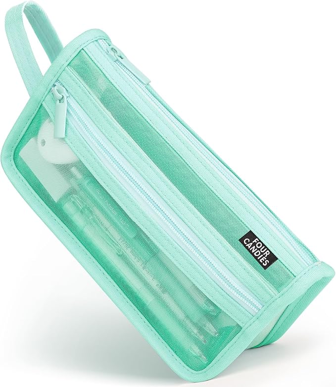 Four Candies Grid Mesh Pencil Case, Clear Double-layer with Handle (Green) | Smooth Zipper, Transparent Pencil Pouch, Cute Stationary, Makeup Bag, Travel Friendly, for Adult Office College