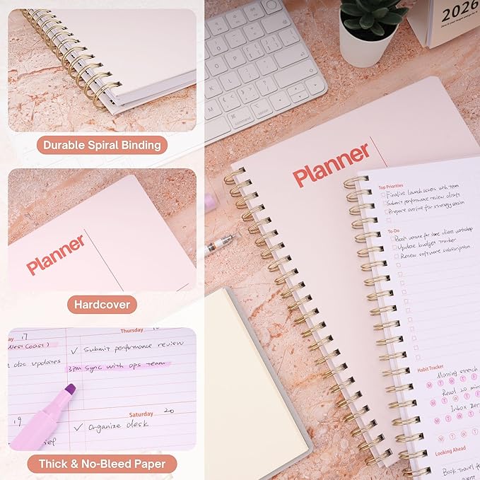 Undated Weekly Planner, 8.5" x 11", Dashboard Layout with Yearly Review, Monthly Calendars, & Weekly To Do List, Spiral Bound Organizer for Work, Study & Life (Blush White)