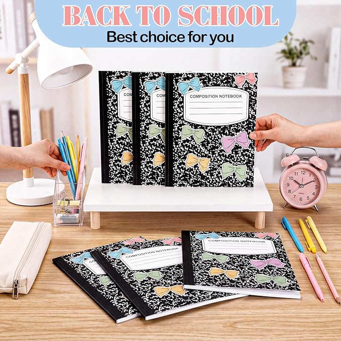 Eaasty Composition Notebook Wide Ruled Paper Assorted Marble Aesthetic Composition Notebook 100 Page 7.5" x 9.75" Journal Gift for Back to School First Day of School Students Teacher(6 Pcs,Bow)