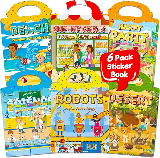6 Sets Reusable Sticker Book for Toddlers 1-3, Jelly Stickers Book for Kids 2-4, Travel Sticker Activity Toys for Childs 3 4 5 6 Years Girls & Boys Best Gifts