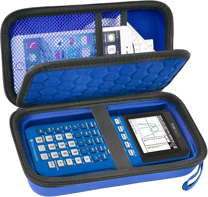 Graphing Calculator Case Compatible with Texas Instruments TI-84 Plus CE/TI-83 Plus CE, Hard Storage Holder for Students, School & Library Study, Mesh Pockets,Pen Holder Hand Strap Case Only Blue
