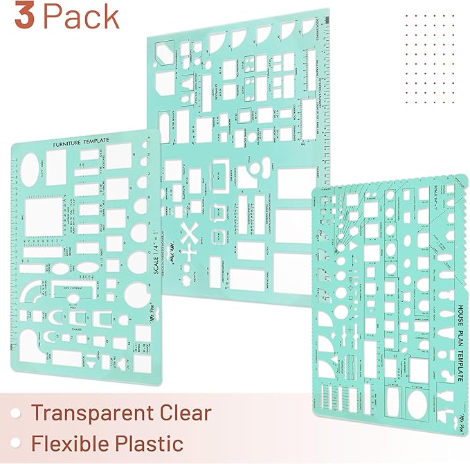 Mr. Pen- House Plan, 3 pcs, Interior Design and Furniture Templates, Clear Flexible Plastic, Drafting Tools, Ruler Shapes for Architecture, 1/4 Inch Scale, Kitchen, Bath, Bedroom, Office, Living Room