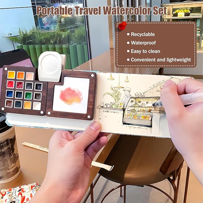 Mini Watercolor Travel Set,Portable Watercolor Kit,15 Grids Portable Wooden Paint Palette with Bag,12 Paint, 4 Brush, Cleaner Cup,2 Sketchbooks Magnetic Clip,Watercolor for Painters,Beginners,Artists