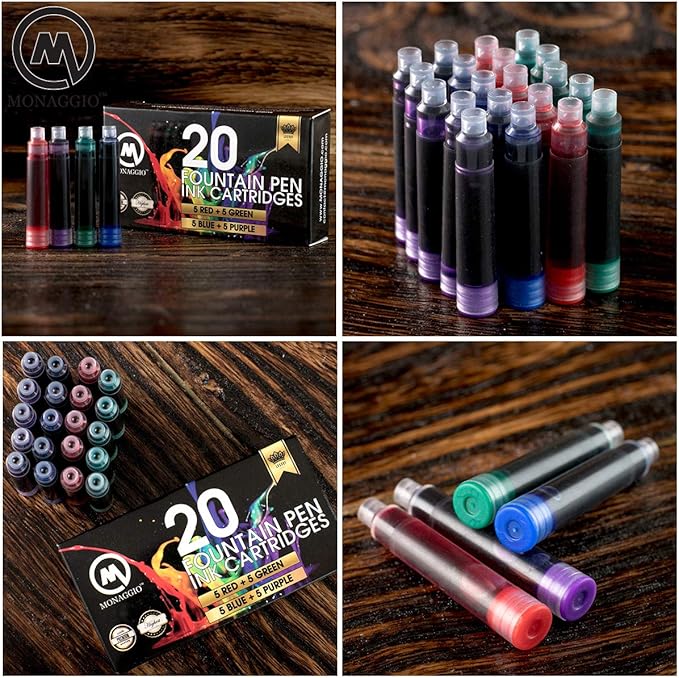 MONAGGIO Extra Ink Cartridges for Most Fountain Pens: 20 Refill Cartridges (5 Red, 5 Green, 5 Blue, 5 Purple) - Calligraphy, Fountain Style, Fine Point, Non-Toxic