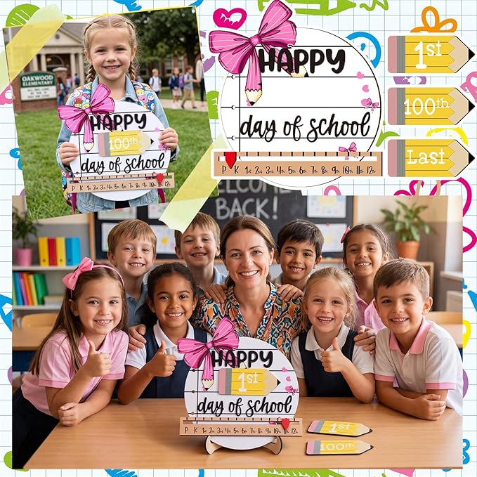 Kosiz First and Last Day of School Sign with Back to School Pink Bow Board Gifts Coquette Wooden First Day Sign Reusable Dry Erase 8''