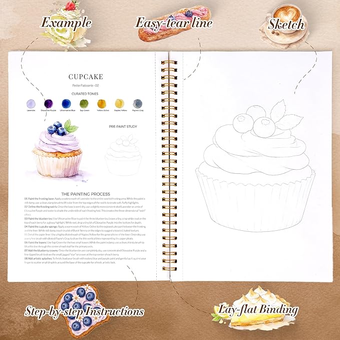 Watercolor Workbook for Beginners,18 Petite Patisserie Baking Water Coloring Book,Relaxing & Easy to Paint Water Coloring Book with 24 Colors-Perfect for Gifting to Creativity & Joy for Adults
