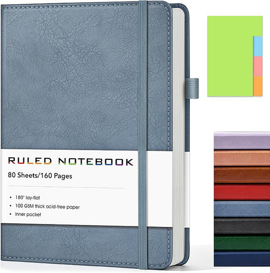 Lined Journal Notebook, A5 Hardcover Leather Journals for Writing, 160 Numbered Pages, 5.7'' x 8.3'' Journaling Notebooks for Men Women, Thick Paper College Ruled Journal for Work Office School, Dusty Blue