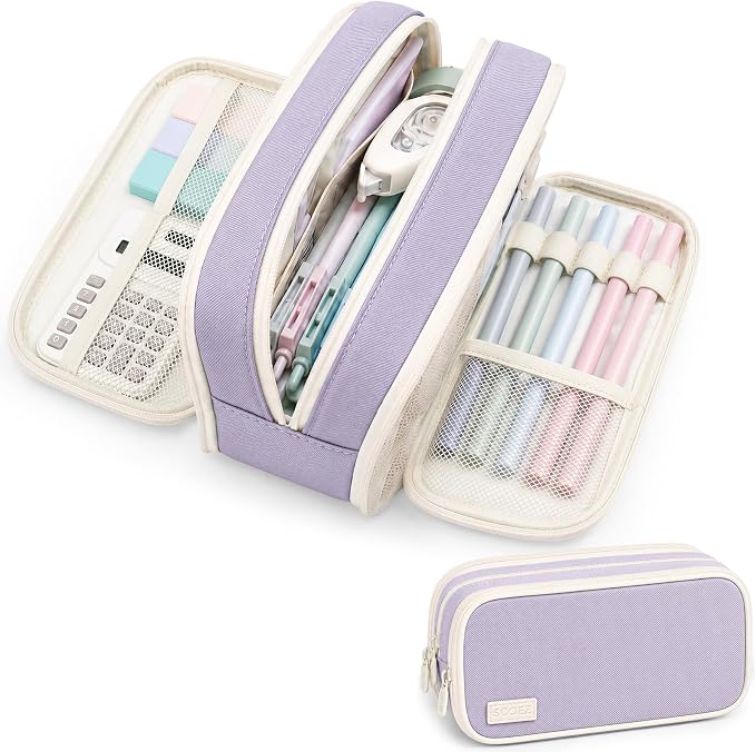 Sooez Large Capacity Pencil Case Pouch, Cute Pencil Pouch Pencil Bag | 3 Compartment, Aesthetic Pen Case with Zipper, Stationery Organizer, School Supplies for Teen Girl Boy Women Men,Purple