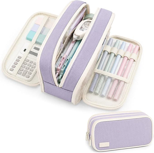 Sooez Large Capacity Pencil Case Pouch, Cute Pencil Pouch Pencil Bag | 3 Compartment, Aesthetic Pen Case with Zipper, Stationery Organizer, School Supplies for Teen Girl Boy Women Men,Purple
