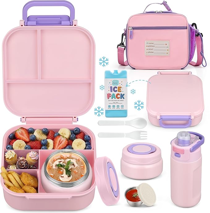 Bento Lunch Box for Kids with 7oz Soup Thermo,Insulated Stainless Steel Kids Water Bottle with Straw and Insulated Lunch Bag,Leak-Proof Lunch Food Container with Ice Pack for School (Pink)