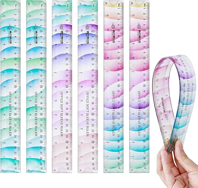 BAYTORY 6Pcs Flexible Plastic Ruler 30 cm /12 Inch, Plastic Ruler for School, Transparent Assorted Color Rulers with Inches and Centimeters, Soft Bendable Rulers for School & Office (30 cm / 12 Inch)