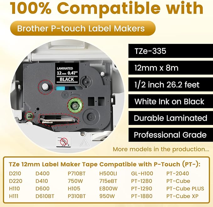 6x TZe TZ 12mm 0.47 Laminated Black Tape Replace for Brother P-Touch Label Tape White on Black TZe-335 Compatible for Brother Label Maker Refills 1/2'' 26.2' TZe335 for PTD210 D220 H110 H111 D410 CUBE
