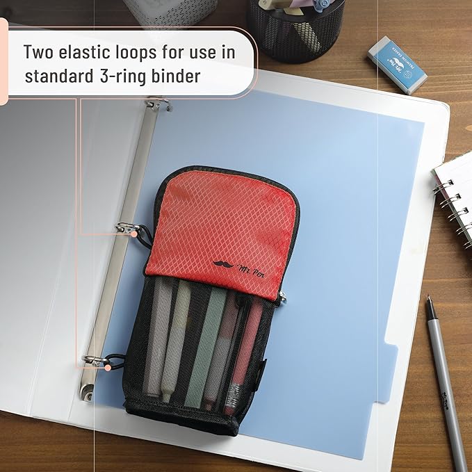 Mr. Pen- Standing Pencil Case Pouch, Sit & Lay Mesh-View Design, Black & Red, Interior Pocket & 2 Elastic Binder Loops, Cute Pencil Case for Girls and Boys