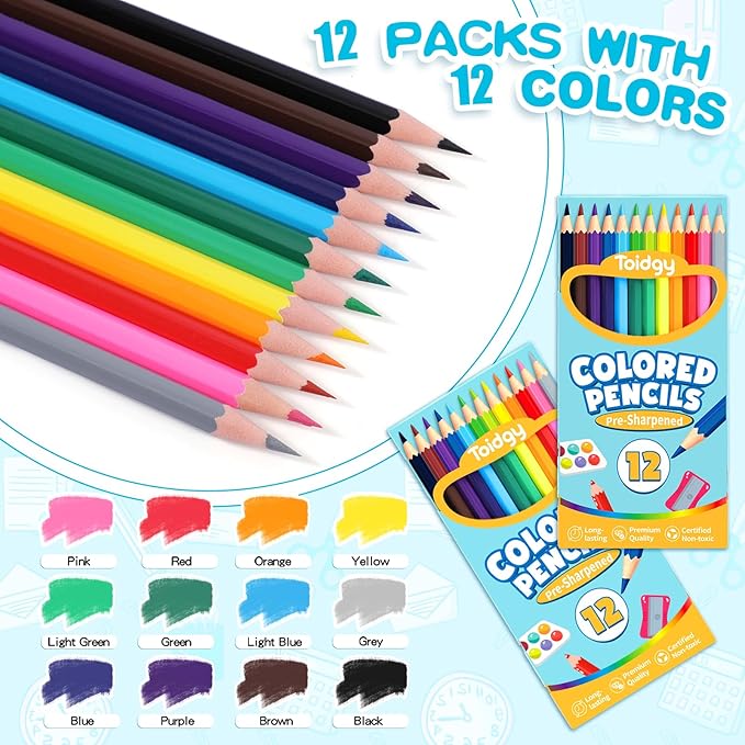 Toidgy 144 Count Colored Pencils for Kids, 12 Packs Colored Pencils Bulk 12 Colors, Pre-sharpened Color Pencils for Adults, Bulk School Supplies for Teachers, Back to School Supplies, Classroom Prizes