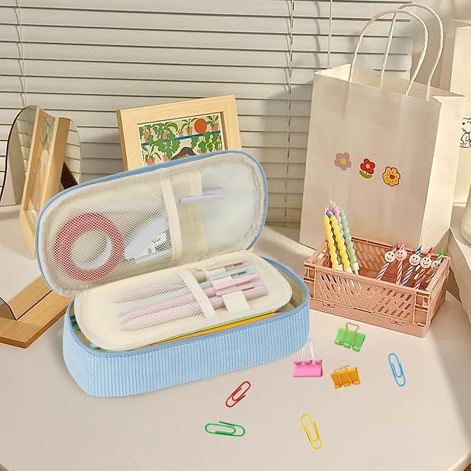 Zzrywuty Aesthetic Pencil Case, Large Capacity Soft Corduroy Pouch with Handle, Wide Opening Blue Cute Stationery Bag & Organizer for School Office, Teens Adults
