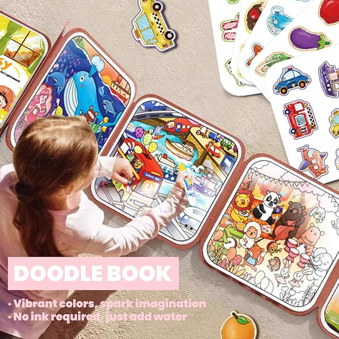 FZRMU Toddler Water Doodle Book Set for Ages 1-3, Mess Free Travel Activity Set with 2 Reusable Water Coloring Books, 1 Sticker Busy Book, Water Pens & Cards, Learning Toy for Car Rides Airplane