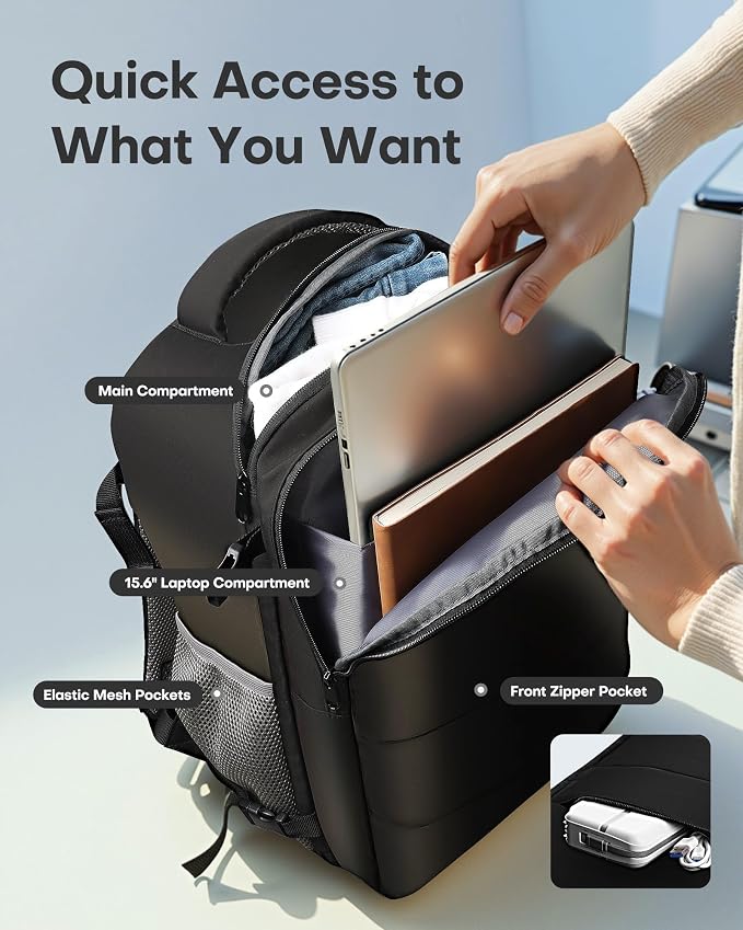 HOTOR Travel Backpack Flight Approved Bag Men Women, Medium Black | TSA Carry on Luggage, 15.6inch Laptop, Casual Daypack Travel Essentials Nurse Bag for Work, Business, Weekender, College