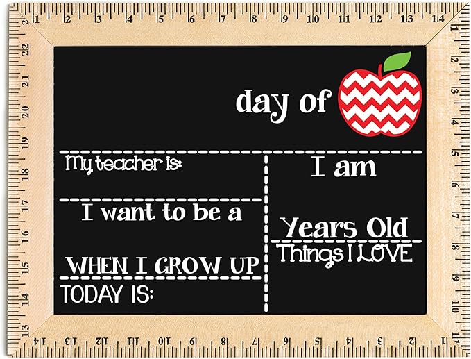 First Day of School Sign (11.5"x15"), Reusable Chalkboard Sign, Easy-to-Clean with Real Wooden Ruler Frame, Handmade in USA by Bloom Owl, Perfect for Back to School, First Day of Kindergarten, 1st