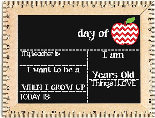 First Day of School Sign (11.5"x15"), Reusable Chalkboard Sign, Easy-to-Clean with Real Wooden Ruler Frame, Handmade in USA by Bloom Owl, Perfect for Back to School, First Day of Kindergarten, 1st