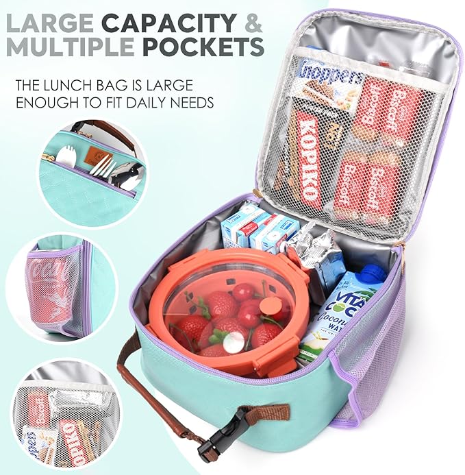 Genteen Kids Lunch Box Lunch bag for Kids Girls Teen,Insulated Lunch Bag with Bottle Holder,Small Lunch Box Cooler Lightweight Reusable LunchBox for Work Office School Travel Picnic-Light Green