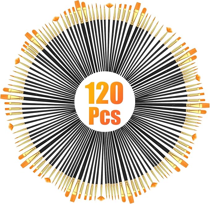 Soucolor Acrylic Paint Brushes Set, 120Pcs Round Pointed Tip Artist Paintbrushes for Acrylic Painting Oil Watercolor Canvas Boards Rock Body Face Nail Art, Halloween Pumpkin Ceramic Crafts Supplies