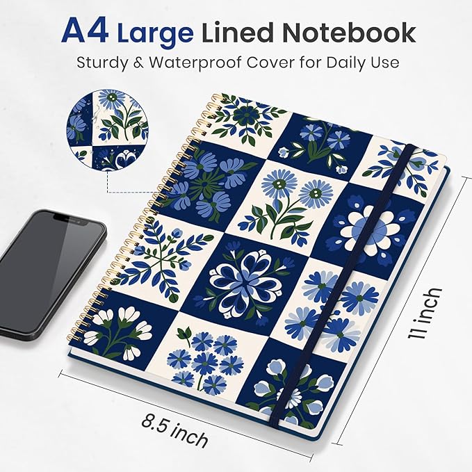Taja Large Spiral Lined Journal for Women, 8.5" x 11" Notebooks for Work Collge Ruled, A4 Aesthetic Cute Journaling Notebooks for Writing, Plastic Cover, Petal Array