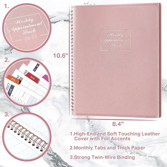 MaaIbok Appointment Book 2026-2027 for School, Office, Home Faux Leather Tab, 15-Minute, Spiral Bound Hourly Planner Appointment Scheduling Book with Tabs - Rose Gold 8.5" x 11"